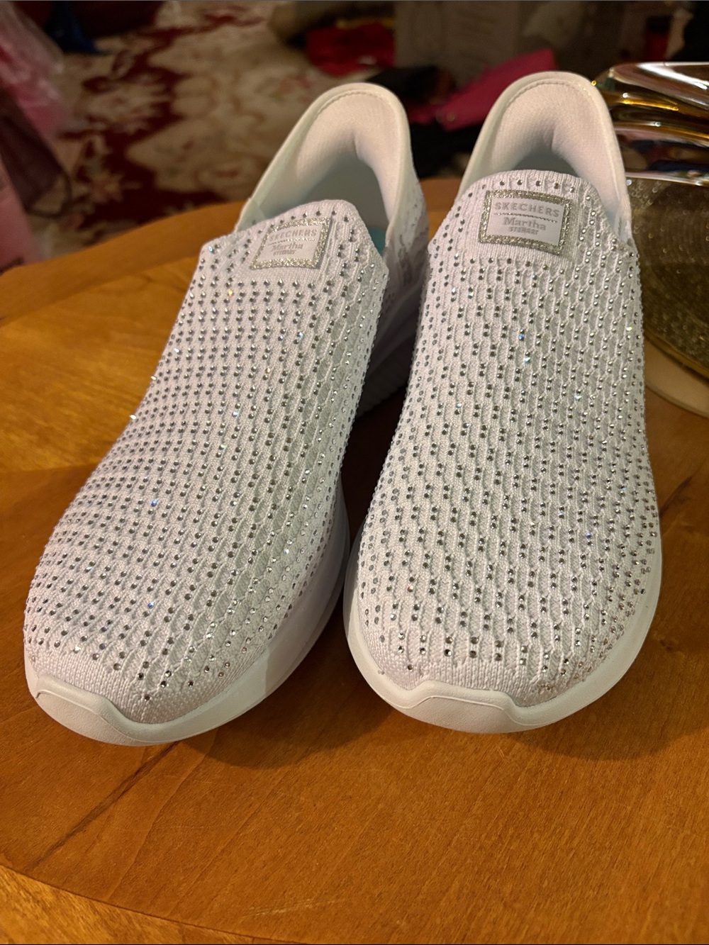 Skechers White Slip-On Knit Sneakers with Rhinestone Accent